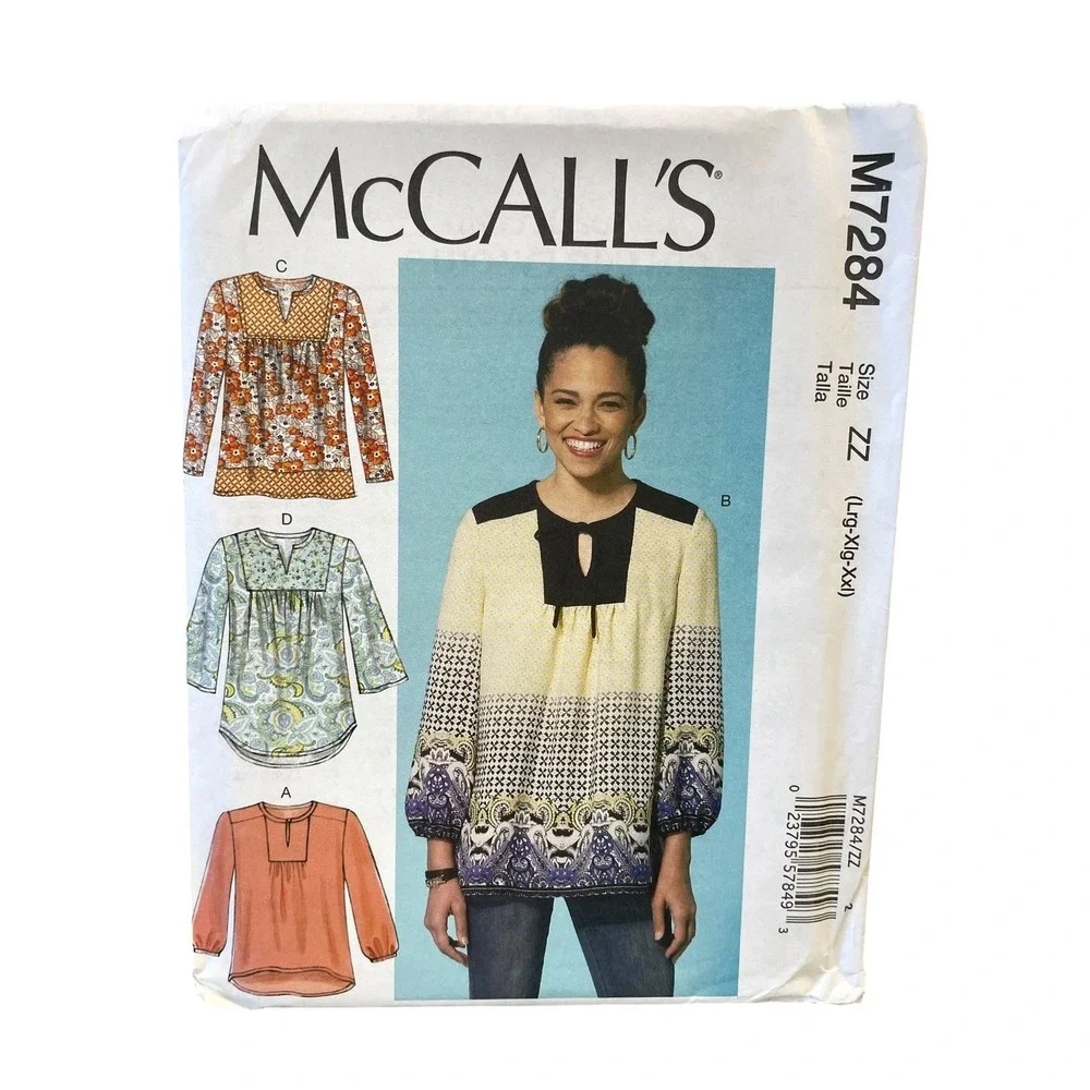 McCALL'S M7284 Misses' Pullover Blouse Top L-XL-XXL Loose Fit Peasant Style